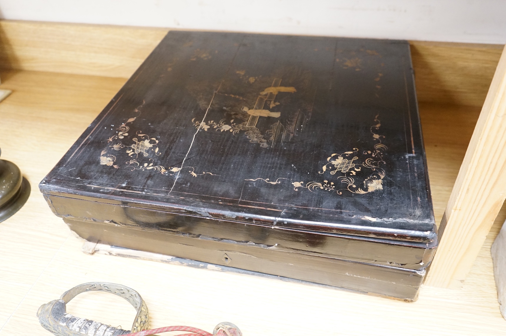 Three 19th-century Chinese gilt black lacquer gilt decorated, square boxes, 48cm x 49cm